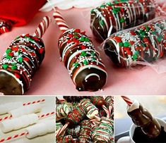 chocolate covered candies with sprinkles and candy canes on pink surface