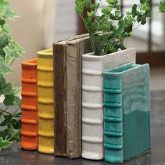 four books are lined up next to each other on a table with plants in them