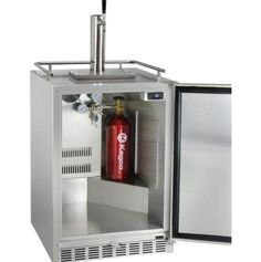 a stainless steel cabinet with a red fire extinguisher in the front and door open