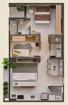 an overhead view of a bedroom and living room in a house plan with two separate rooms