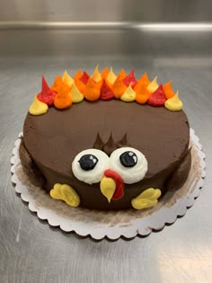 a chocolate cake decorated to look like a turkey