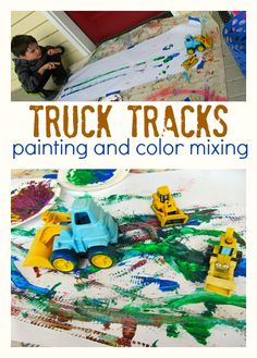 a boy painting and coloring with trucks on the table