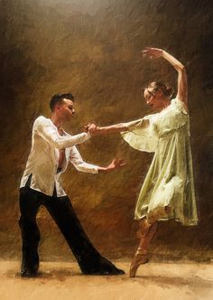 a man and woman dance together in an artistic painting by the same person, one is wearing a white shirt and black pants