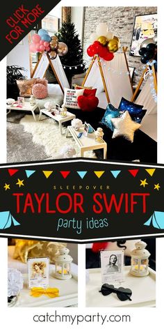 this is a collage of taylor swift party ideas, including decorations and photos from her birthday