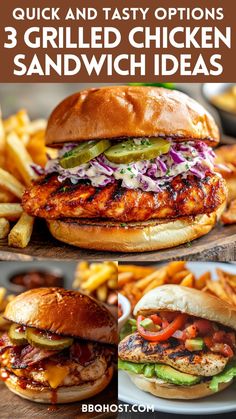 grilled chicken sandwich with french fries and coleslaw on the side, in front of