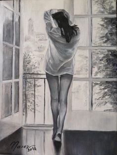 a painting of a woman walking out of a window with her back to the camera