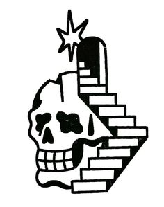 a black and white drawing of a skull sitting on top of stairs with a star above it