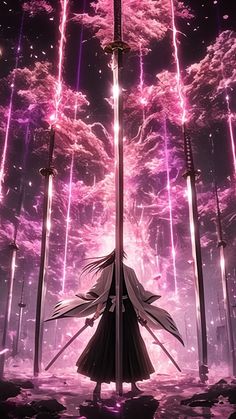 an anime character is standing in front of fireworks and poles with their backs turned to the camera