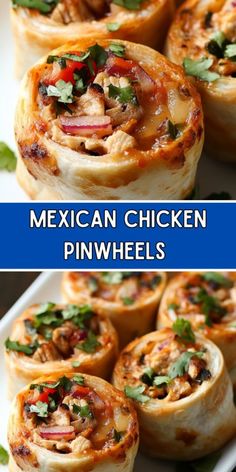 mexican chicken pinwheels on a white plate with text overlay that reads, mexican chicken pinwheels