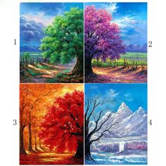 four paintings of trees in different colors and sizes, each painted with acrylic paint