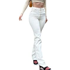 F00029608-102 White High Waist Jeans For Fall, White High Waist Fall Jeans, Slim Fit Full Length Pants For Spring, High Waist White Jeans For Fall, Fall High Waist White Jeans, Chic Cream Flare Jeans For Fall, Slim Fit Pants For Spring, Solid Slim Fit Pants For Spring, Chic Beige High-waist Flare Jeans