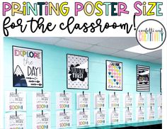 a classroom wall with posters on it and the words print poster size for the classroom