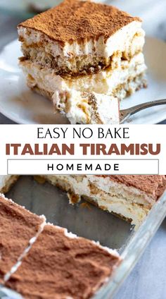 A slice of easy no-bake Tiramisu with layers of coffee-soaked ladyfingers and creamy mascarpone. Tiramisu No Mascarpone, Non Coffee Tiramisu, Desserts For Italian Dinner Party, Dessert Tasting Party Ideas, Prepare Ahead Desserts, Tiramisu Easy Recipe, No Bake Italian Dessert, Tiramisu Dump Cake, Terrimissu Recipe