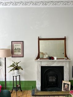 a living room filled with furniture and a fire place next to a wall mounted mirror