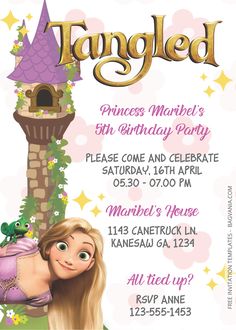 tangled birthday party flyer with rappui and princess in purple dress on the tower