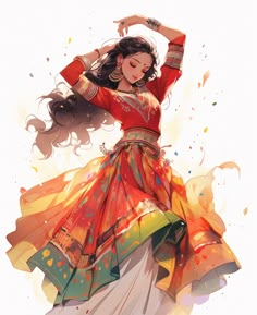 a woman in an orange and white dress dancing with her hands on her head,