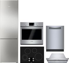 an assortment of kitchen appliances including refrigerator, stove and dishwasher