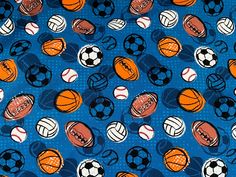 a blue background with lots of different sports balls