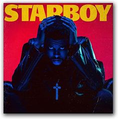 a man sitting in a chair with his hands on his head and the words starboy above him