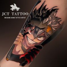 a tattoo with an anime character holding a knife on it's arm and the words jct tattoo above it