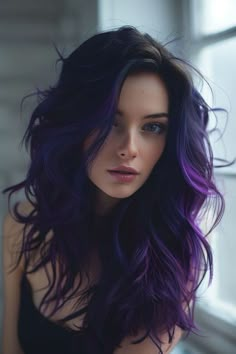 Bottom Half Purple Hair, Hair Styles Female, Colorful Hair Color Ideas, Fae Woman, Purple Roots, Purple Hair Ideas, Vibrant Hair Color, Purple Ombre Hair, Dark Purple Hair