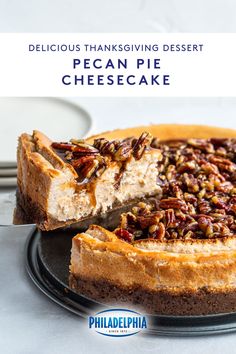 delicious thanksgiving dessert pecan pie cheesecake on a black plate with the title overlay