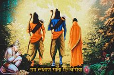 three men standing in front of a painting with the words,'bhagavatam