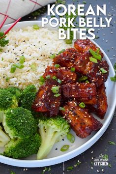 korean pork belly bites on a plate with broccoli and rice