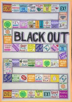 a poster with the words black out written in different languages and colors on it's sides