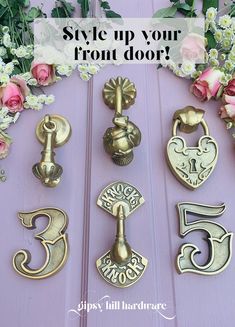 Pink front door with brass door knockers and house numbers Unique Door Knockers, Front Door Numbers, Unique Front Doors, Townhouse Interior, Front Door Makeover, Beautiful Front Doors, Edwardian House, Door Numbers