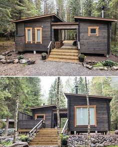 two pictures side by side of a cabin in the woods with stairs leading up to it