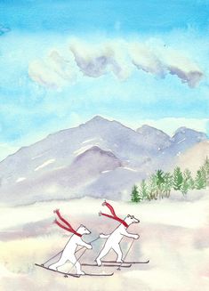 A delightful card of two slim polar bears cross country skiing in the mountains.  It is part of a series of watercolors I painted depicting polar bears undertaking various winter sports and activities.  This greeting card is blank on the inside and is a professionally printed digital depiction of my original watercolor painting.  The card measures 4.5" x 6.25" and comes with its own paper envelope and protective plastic sleeve.  All my cards were printed locally in the Albany, NY area. Thank you for stopping on this page. Albany Ny, Paper Envelope, Cross Country Skiing, Polar Bears, Paper Envelopes, In The Mountains, Winter Sports, Cross Country, Original Watercolor Painting