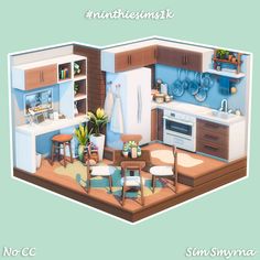 an illustrated view of a kitchen and dining room