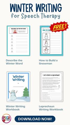 the winter writing worksheet for speech therapy is shown in blue and white with red text