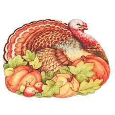 a watercolor painting of a turkey surrounded by fall leaves