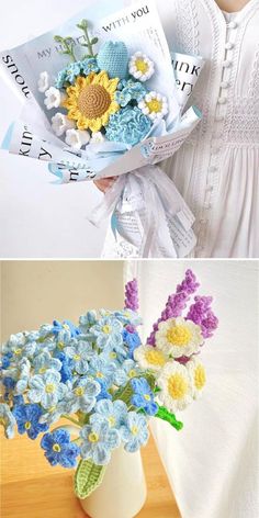 crocheted flowers in a white vase and an image of a woman holding a book