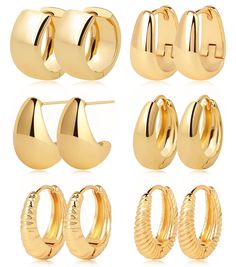 PRICES MAY VARY. 【Fashion Design Gold Earrings Set】You will get 9 pairs gold hoop earrings of different size and design. They are classic style that will never go out of fashion. One set will suit you for all occasions and outfits. You can wear it alone or wear several together. A good match makes you more elegant and charming. 【High Quality Material Guarantee】Our huggie earrings for women are 14k gold plated, free of lead and nickel, and hypoallergenic. You don’t worry about fade or rust. Gold- Gold Hoop Earring Set, Hoop Huggie Earrings, Gold Thick Hoop Earrings, Gold Hoop Earrings Aesthetic, Winter Jewelry Trends, Plain Earrings, Thick Earrings, Christmas Sleepover, Chunky Gold Earrings