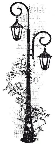 a black and white photo of a lamp post with two lights on each pole, vintage line drawing or engraving