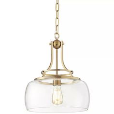 a light fixture with a clear glass shade hanging from it's center point, on an isolated metal chain