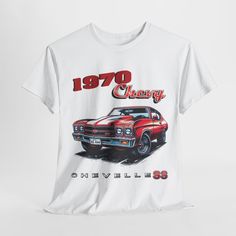 a white t - shirt with an image of a classic car on the front and back