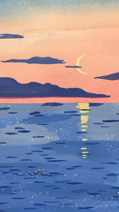 a painting of the ocean at sunset with mountains in the distance and a full moon