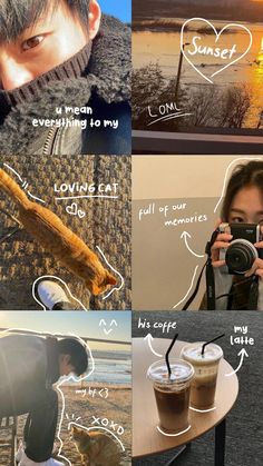 a collage of photos with coffee and the words i love you written on them