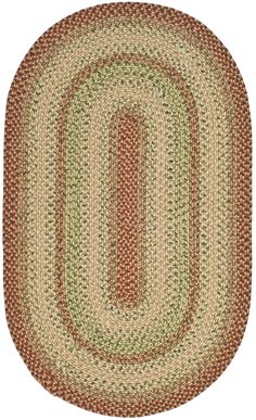 the oval rug is shown in red, green and beige