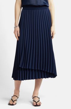 An elastic waist tops this flowy midi-length skirt accented with a layered design, asymmetric hem and easy-moving pleats. Elastic waist 100% polyester Dry clean Imported Layered Design, Midi Length Skirts, Asymmetrical Skirt, Navy Blazer, 2024 Fashion, Layers Design, Asymmetric Hem, Midi Length, Fashion Inspiration