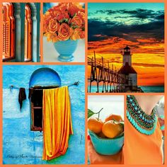 a collage of pictures with oranges and blue colors in the background, including an ocean view