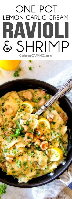 one pot lemon garlic cream ravioli and shrimp