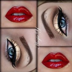 gold #eyes red #lips #makeup I really like this eye make up with a nice red lip Wonder Woman Makeup, Red Lip Makeup, Wonder Woman Costume, Holiday Makeup, Christmas Makeup, Gold Eyes, Red Lipstick