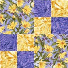 yellow and purple flowers are arranged on a checkerboard pattern in shades of blue