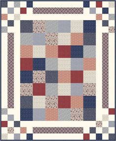 a blue and red quilt with squares on it