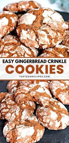 easy gingerbread crinkle cookies on a black plate with the title overlay